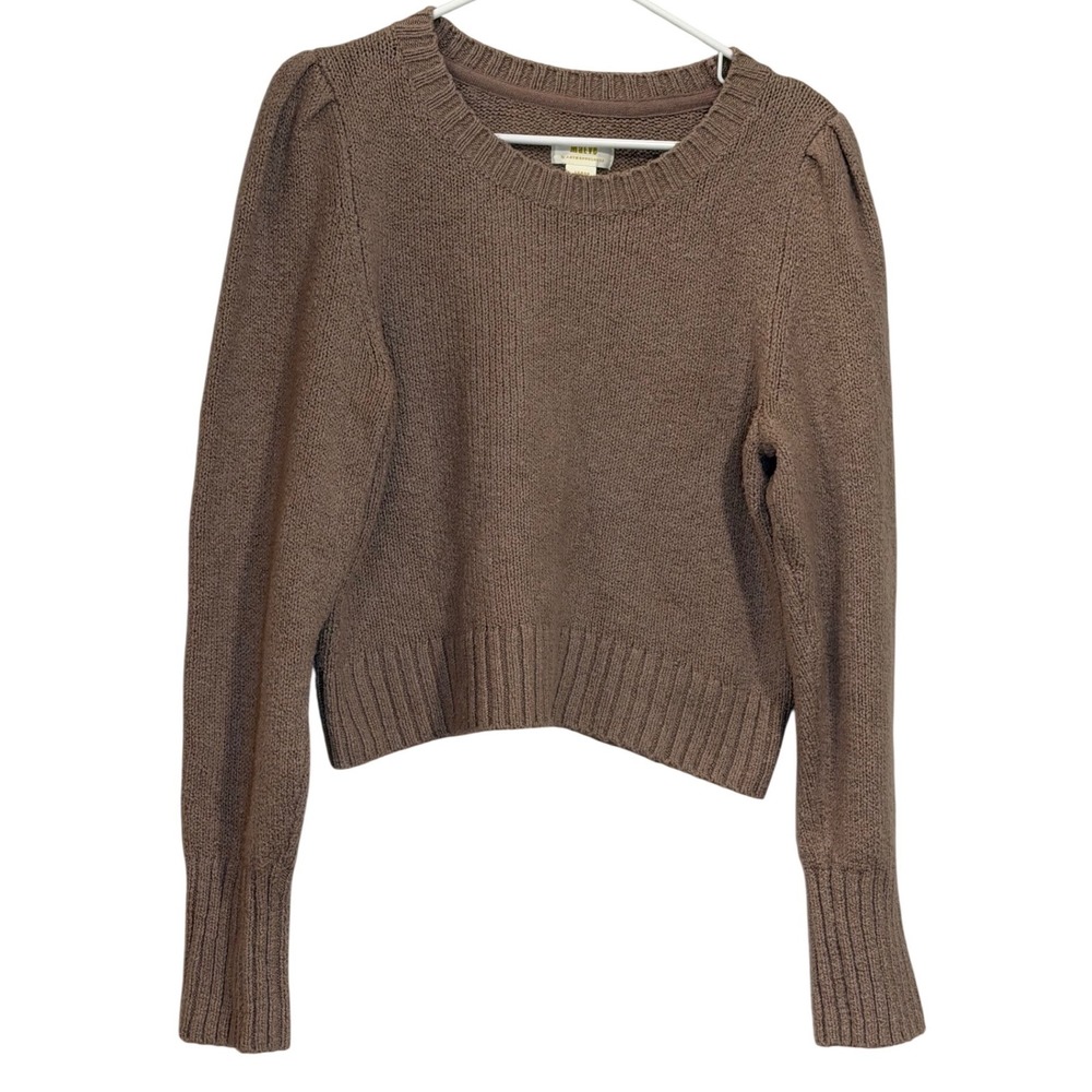 Maeve Anthropologie Brown Pink Hue Puff Sleeve Ribbed Knit Cropped Sweater Small
